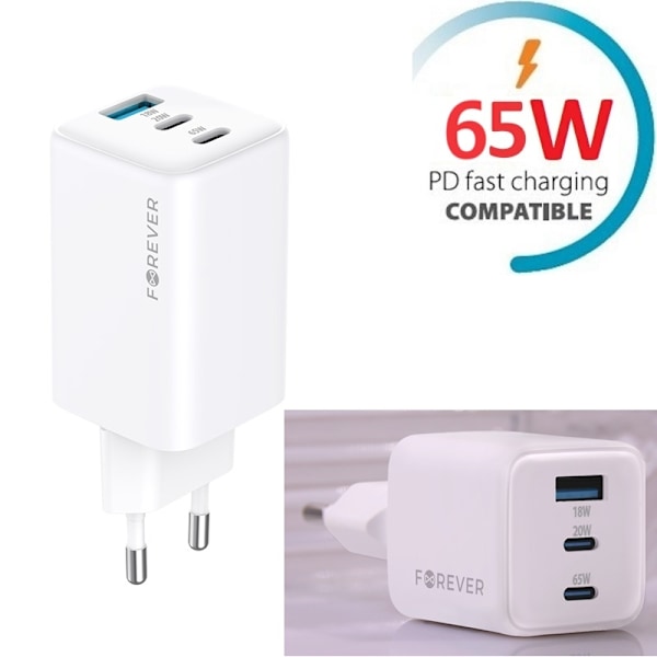 65W Snabbladdare PD Dual USB-C, USB för iPhone, Samsung, iPad Vit