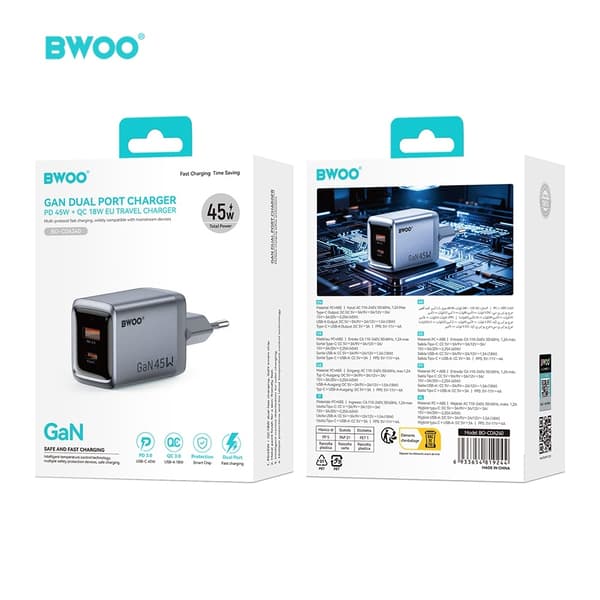 BWOO GaN 45W Snabbladdare USB-C PD & USB-A QC 3.0 PPS Väggladdare Silvergrå