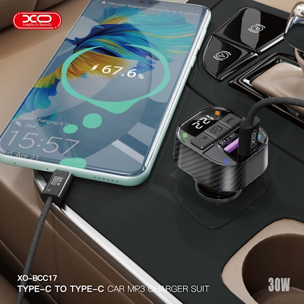 XO Bluetooth FM Sändare med 1 X USBC, 2XUSB Billaddare Svart
