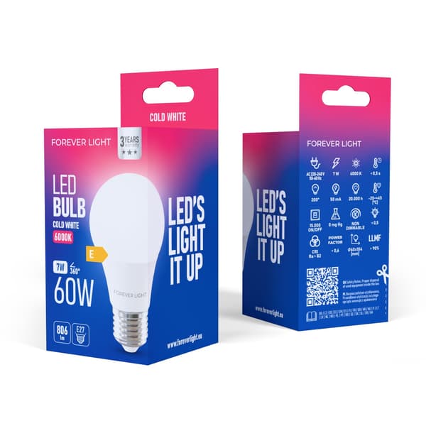 [2-PACK] Forever Light LED E27 A60 Glödlampa 7W 806lm 6000K Kallvit 60W Ekvivalent Vit