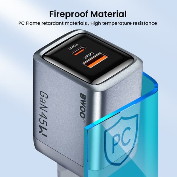 BWOO GaN 45W Snabbladdare USB-C PD & USB-A QC 3.0 PPS Väggladdare Silvergrå