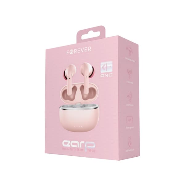 Forever TWE-210 Bluetooth 5.3 Hörlurar – ANC, TWS, 36h Speltid, USB-C, Rosa Rosa