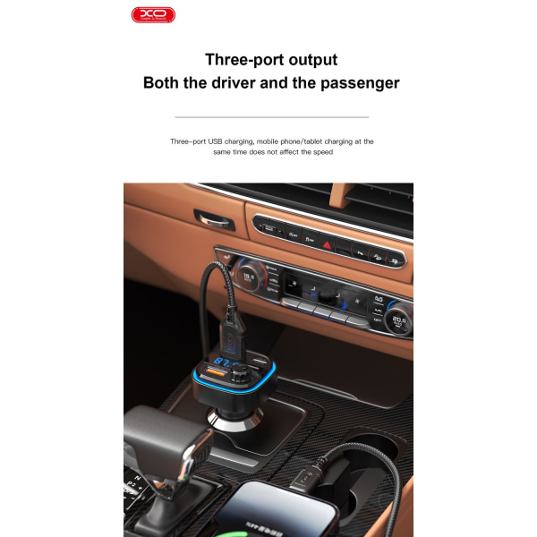 XO Bluetooth FM Sändare med 1 X USBC, 2XUSB Billaddare Svart