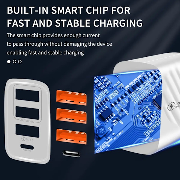 1xUSB-C 3xUSB, iPhone, Samsung QC3.0 Snabb 17w Väggladdare Vit