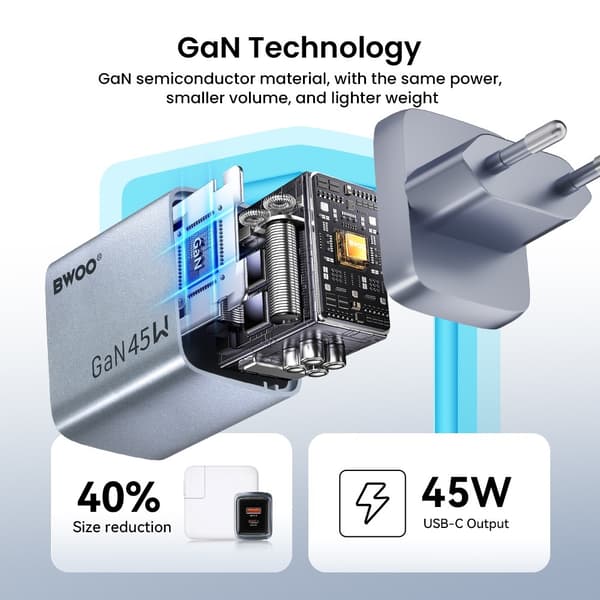 BWOO GaN 45W Snabbladdare USB-C PD & USB-A QC 3.0 PPS Väggladdare Silvergrå