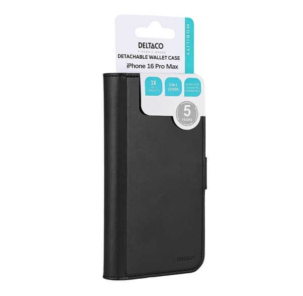 iPhone 16 Pro Max - DELTACO Ekoläder 2-i-1 Löstagbart Plånboksfodral, MagSafe-kompatibelt Svart