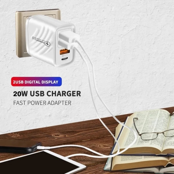 1xUSB-C 3xUSB, iPhone, Samsung QC3.0 Snabb 17w Väggladdare Vit