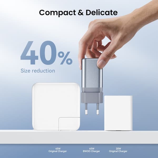BWOO GaN 45W Snabbladdare USB-C PD & USB-A QC 3.0 PPS Väggladdare Silvergrå