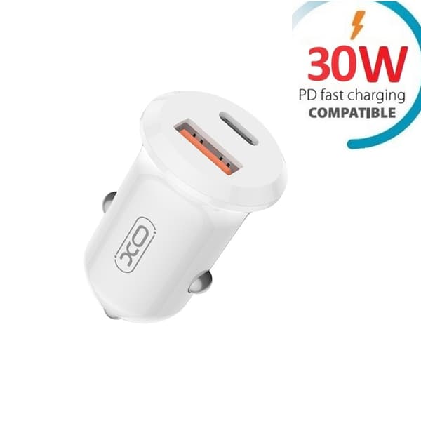 Snabb billaddare XO 30W USB-C PD / USB QC3.0 För iPhone, Samsung Vit Vit