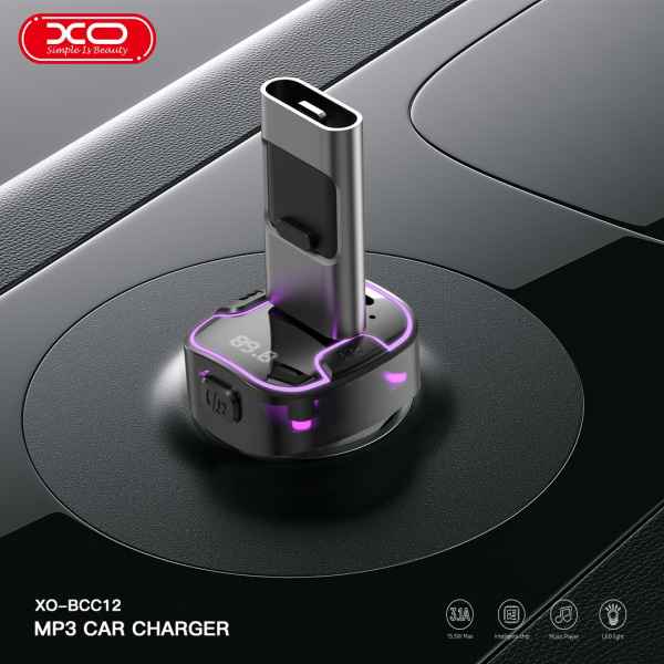XO Bluetooth FM Sändare med USB-C & USB snabbilladdare Svart