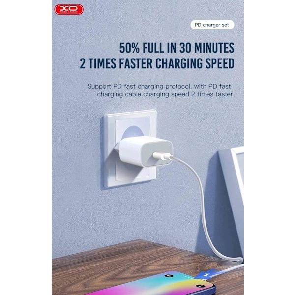 20W PD USB-C Snabbladdare för iPhone 11/12/13/14, Samsung Vit