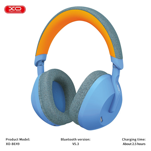 XO BE49 Bluetooth 5.3 Trådlösa Hörlurar – 40mm Driver, 10m Räckvidd – Blå multifärg