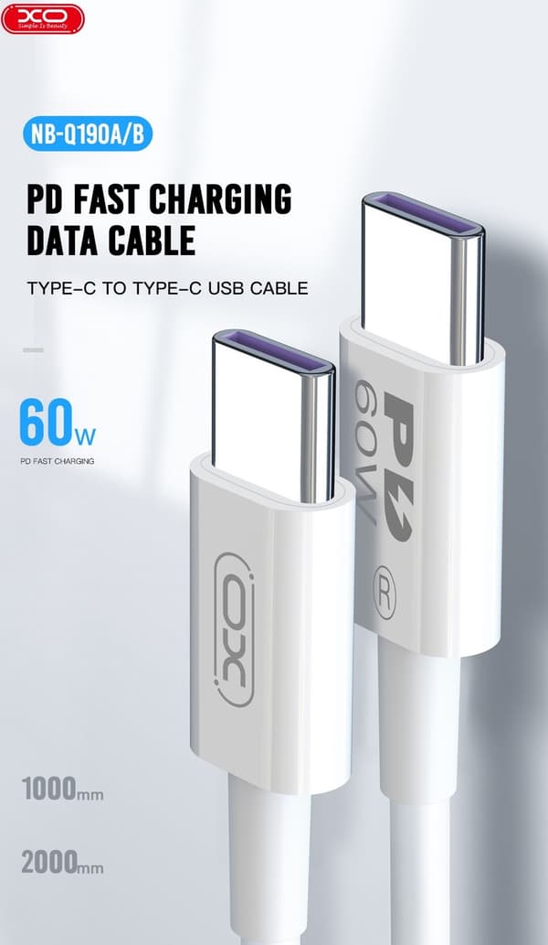 2m Snabbladdning 60W USB-C To USB-C PD kabel Samsung, iPhone 15/16/17/18 Vit