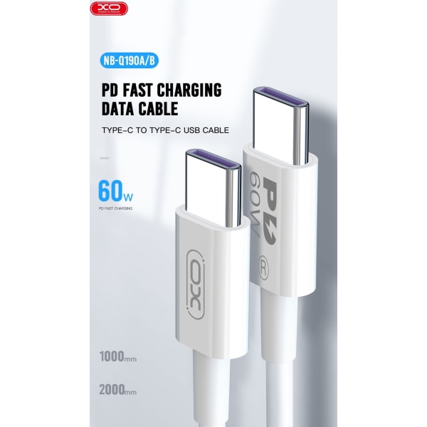 2m Snabbladdning 60W USB-C To USB-C PD kabel Samsung, iPhone15/16 Vit