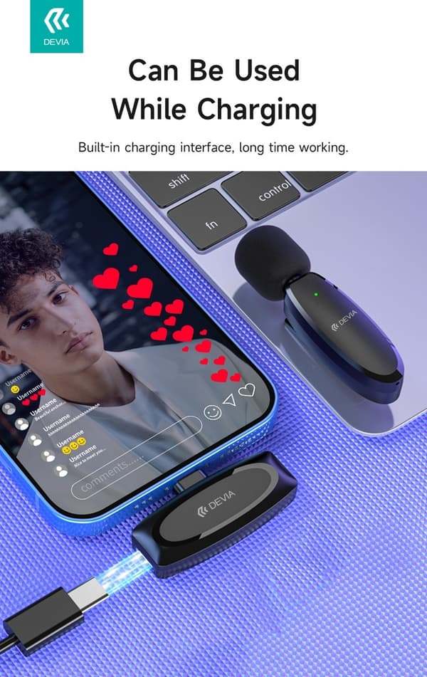 Devia Kintone Trådlös Mikrofon – USB-C (Typ-C) – Kompatibel med iPhone 15/16, Samsung Svart
