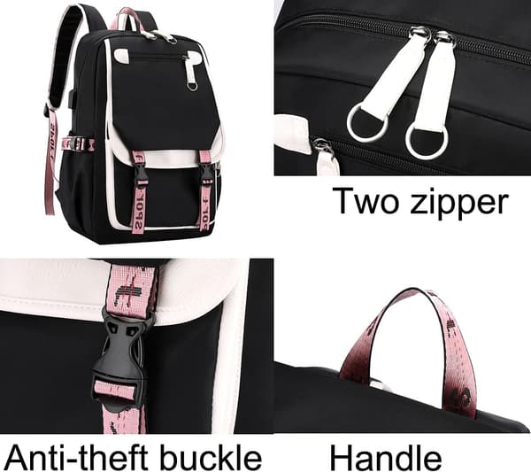 Skoletaske til piger Stor kapacitet Stitch rygsæk Afslappet Pink Sort Pink