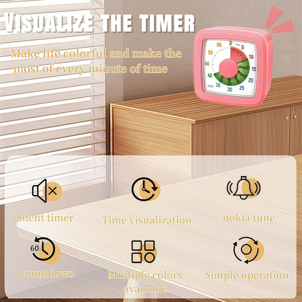 Visuell timer för barn för kök, klassrum, matlagning, inlärning, sovrum, 60-minuters nedräkning Pomodoro-timer för barn med autism ADHD (vattenmelonstil)