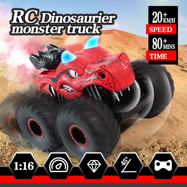 Fjernstyret Dinosaur Bil Legetøj til Børn 3+, RC Monstertruck med Lys Lyd Spray til Drenge Piger 3-5 4-7 8-12 År red