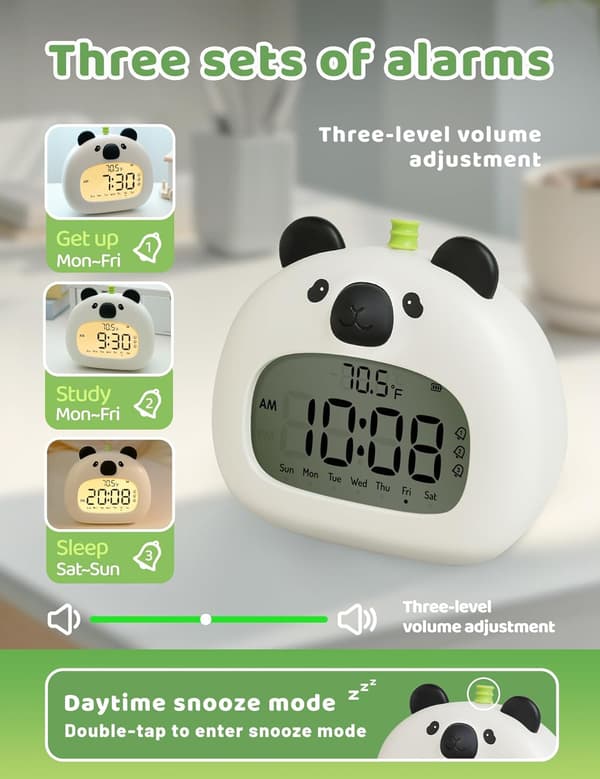 Panda-vekkerklokke for barn, LCD-nattlys med dimmefunksjon, USB-oppladbar søvntrener, 3 alarmtider.