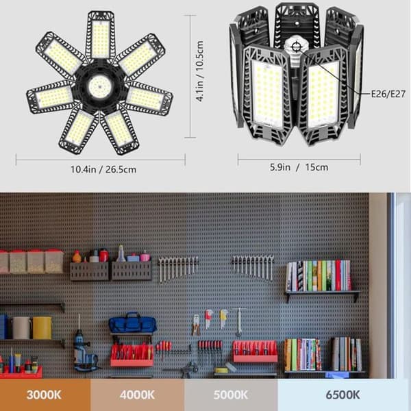 200W LED Loftlampe – 20.000 lm – 6.500 K – 7 Justerbare Paneler – E26/E27 Fatning til Garage, Værksted, Kælder, Lager