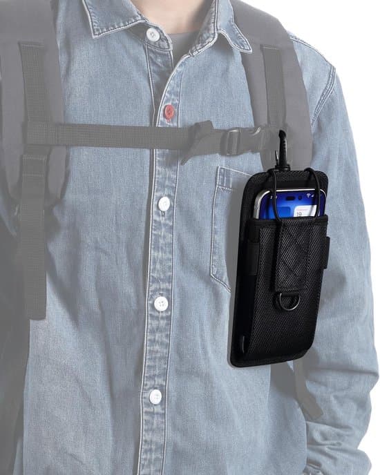 Telefonpose til rygsækrem – Med bælteclips – Velegnet til 6,7–7,2-tommer smartphones – Dimensioner 17 x 8,5 x 2 cm