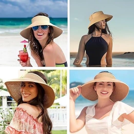 Sammenfoldelig stråhat 2 stk. – Sommerhat med bred skygge – Åbning til hestehale – Dame strandhat – Strand & Rejse – M