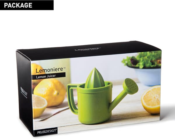 Original vattenkanna-formad manuell handpress, grön plastpress med hällpip för citron- eller citrusjuice med fällbart lock