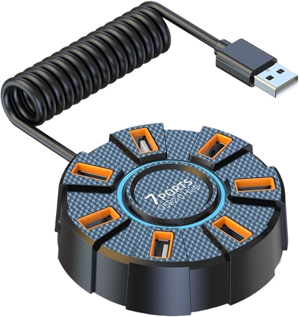 USB 2.0 Multi-Port Hub-adapter — 5 Gbps høyhastighets USB-utvider (med strømadapter), for stasjonære og bærbare datamaskiner — 7 porter, 1,2 m kabellengde