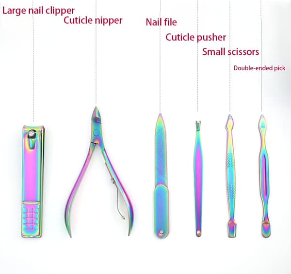 Professionelt 15-dele Titanium Manicuresæt, Regnbue Flash Pink, Rustfrit Stål med PU Læderetui, Skarpe Værktøjer