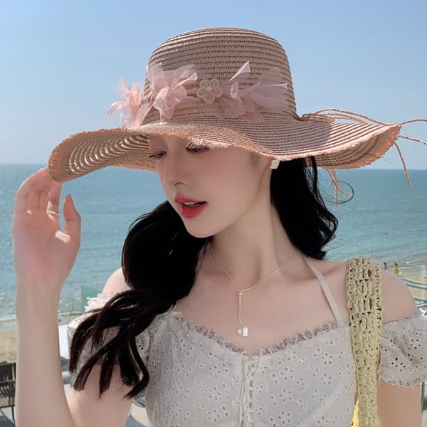 Premium Solhatt för Kvinnor med Bred Brätte - UPF 50+ UV-skydd Stråhatt - Elegant Strandhatt med Spetsblomma - Vikbar Sommarresehatt - Rosa