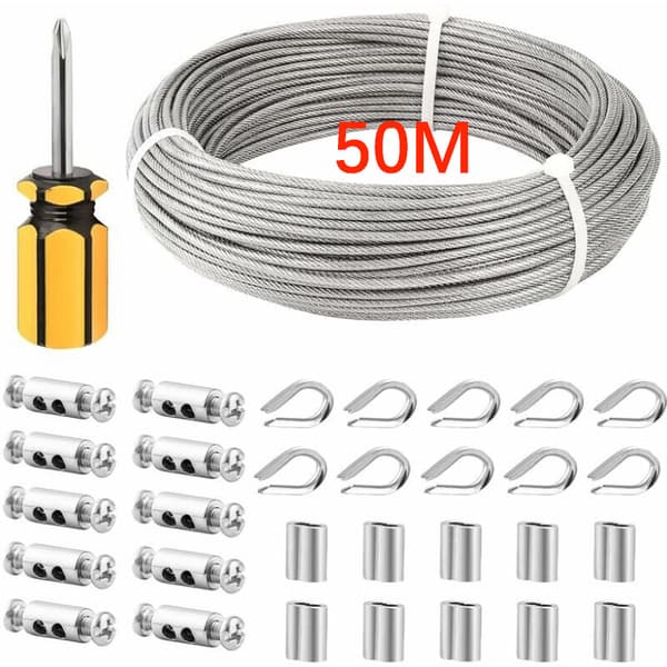 50M/3mm Rustfri Stålwire, Belagt Stålkabel med Kabelklemmer, M3 Muffe, 3mm Wire til Tørresnor