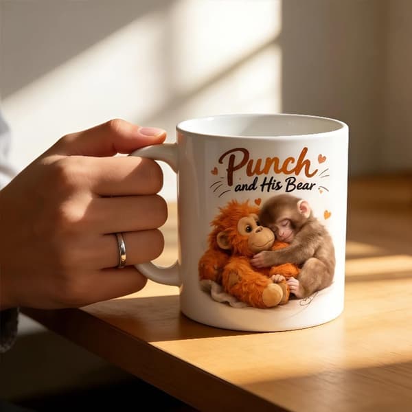 Punch Monkey Mugg, Punch and His Bear Mugg, Söt Apa Kaffemugg Nyhet Keramisk Kopp Present till Kaffeälskare