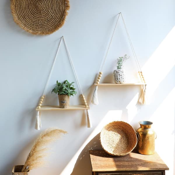 2-pack Träväggfästen - Macrame Hängande Växtställ med Tofsar