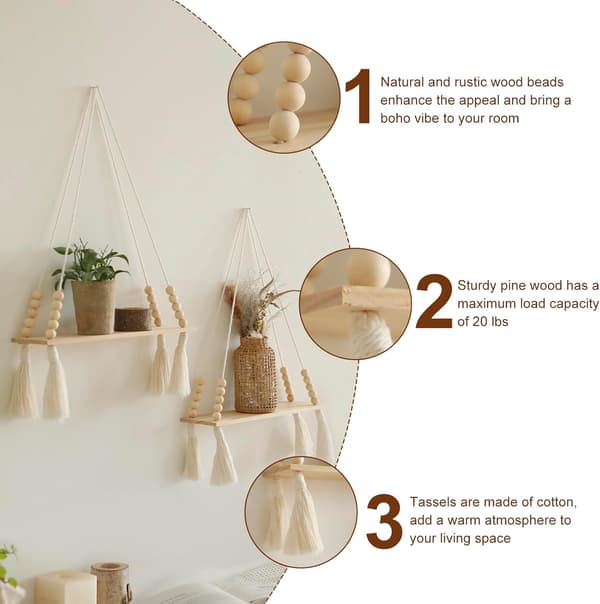 2-pack Träväggfästen - Macrame Hängande Växtställ med Tofsar