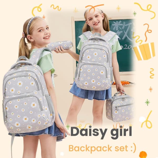 3 stk. Daisy Prints rygsæk til piger Bogtaskesæt Grundskole Daypack Elementære Studerende Knapsack med madkasse Grøn Green