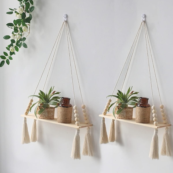 2-pack Träväggfästen - Macrame Hängande Växtställ med Tofsar