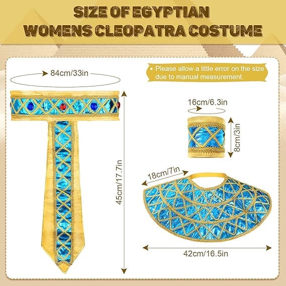 4-delt egyptisk kostymetilbehør for kvinner inkluderer en egyptisk prinsessehodeplagg, slangehodeplagg og armbånd.
