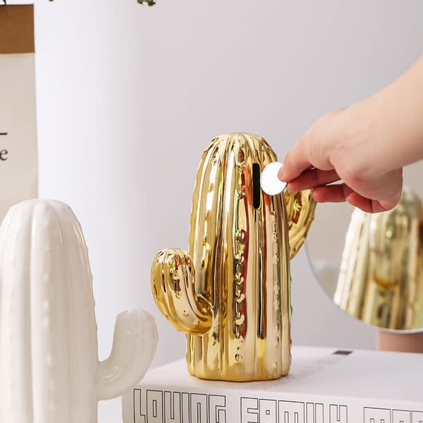 Keramisk Kaktus Spargris, Dekoration för Vardagsrum, Vinskåp, Present Golden