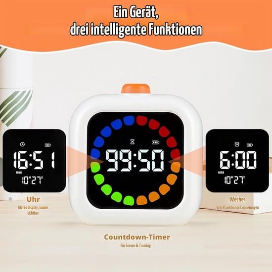 Køkkentimer - 99-minutters visuel timer - Pomodoro-timer med farvet statuslinje - Hvid