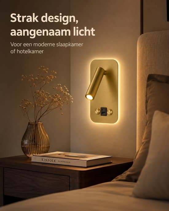 Væglampe med læselampe - Dæmpbar LED sengelampe med USB-A og USB-C - 8W + 3W - Kobberfinish - Til soveværelset