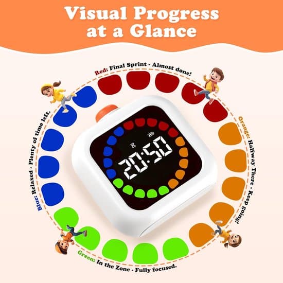 Køkkentimer - 99-minutters visuel timer - Pomodoro-timer med farvet statuslinje - Hvid