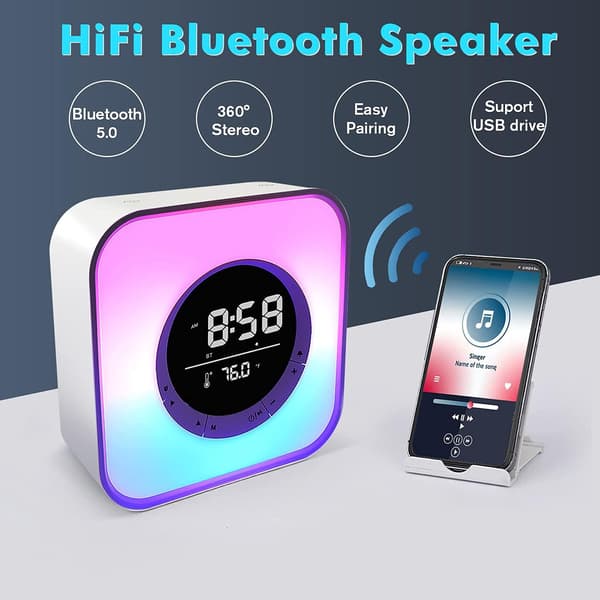 Multifunktionel lysende vækkeur - Multifunktion - Bluetooth 5.0 højttaler - 10-farvet LED-lampe - FM-radio