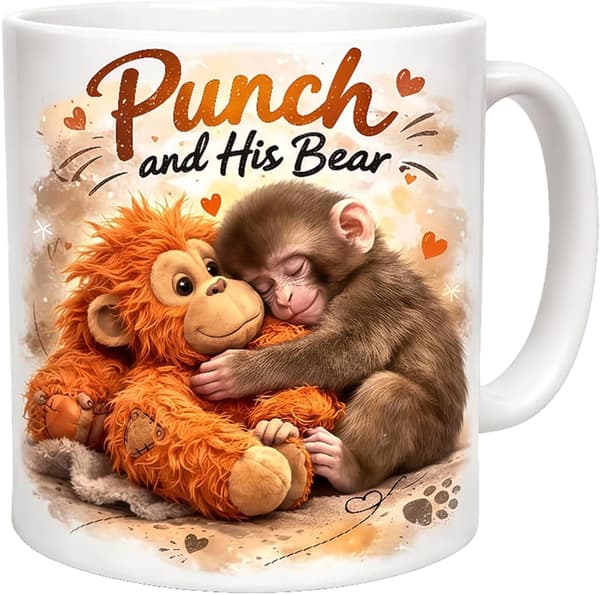 Punch Monkey Mugg, Punch and His Bear Mugg, Söt Apa Kaffemugg Nyhet Keramisk Kopp Present till Kaffeälskare