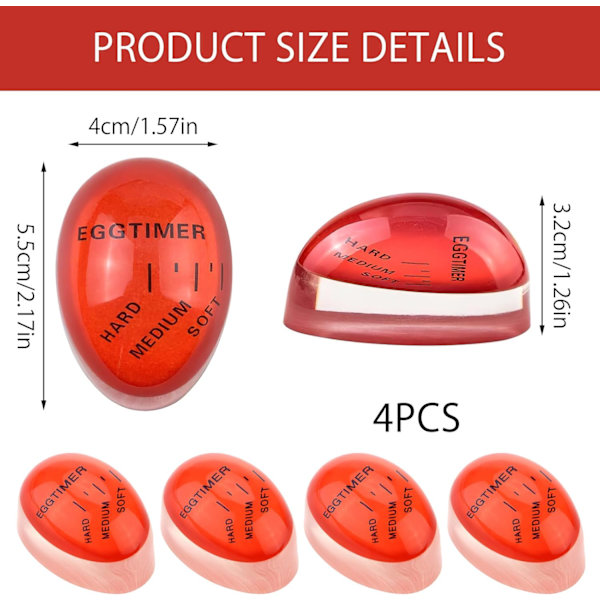 Pakke med 4 Egg Timer Egg Timer Egg Koking Varme Sensitiv Fargeendring Egg Timer for Koking Egg Timer Kontroll Myke Hardkokte Egg (Rød)