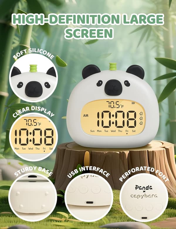 Panda-vekkerklokke for barn, LCD-nattlys med dimmefunksjon, USB-oppladbar søvntrener, 3 alarmtider.