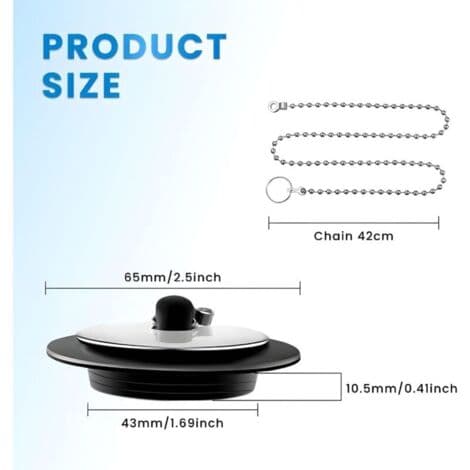 Sæt med 2 universelle badekarspropper, PVC, sort, 42–45 mm, til køkken- og badeværelsesvaske, kæde i rustfrit stål