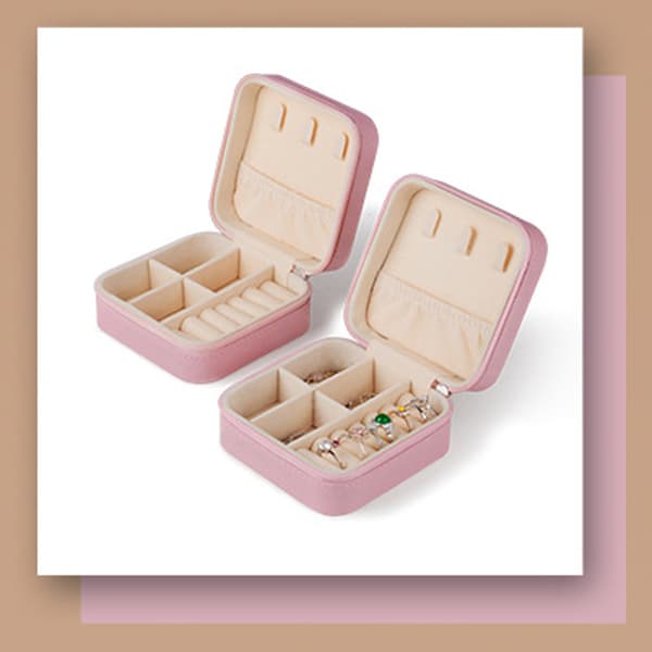 Bärbart Mini Smyckeskrin i Läder Smycken Ring Organizer Fodral Förvaringspresentask Flickor Kvinnor (ROSA).