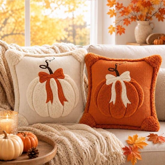 Pyntepute – 2-delt høstputesett med gresskarmønster og sløyfe – 45x45 cm – Egnet for sofa, stue, høst, Halloween og gårdshus