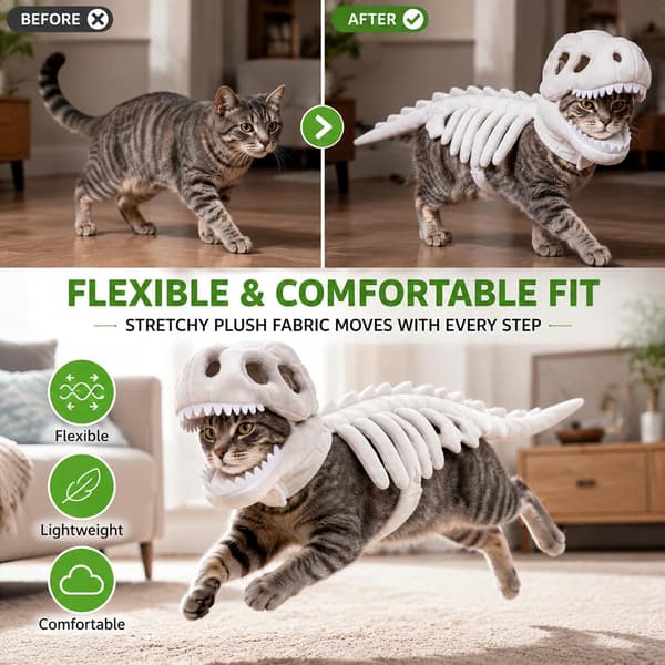 Kattekostume Dinosaur Skelet 3D Skelet, Hvid: M | Dinosaur Skelet Kattekostume, Realistisk 3D Halloween M