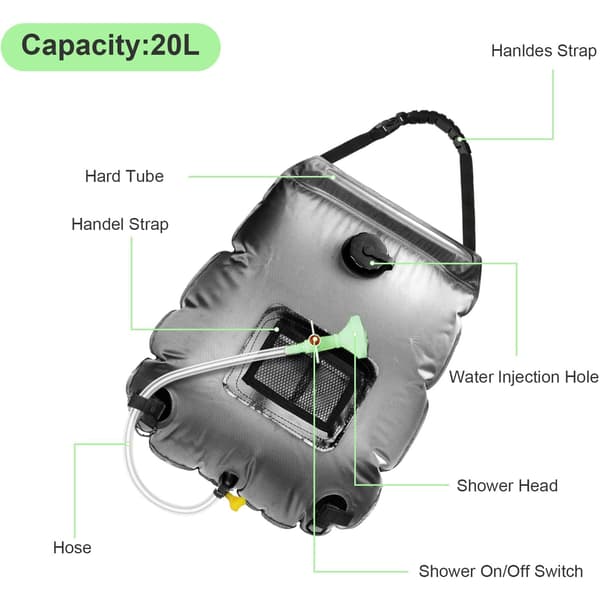 Solbruserpose, 5 gallons/20 liter, udendørs varmt vand, egnet til strandsvømning, camping, grå